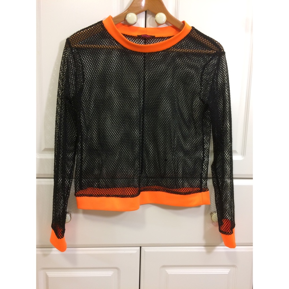 Black and neon orange sporty long sleeve mesh top